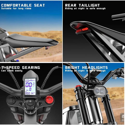 X2Pro Electric Dirt Bike For Adults with focus on seat, taillight, 7-speed gearing, and bright headlights on rugged terrain