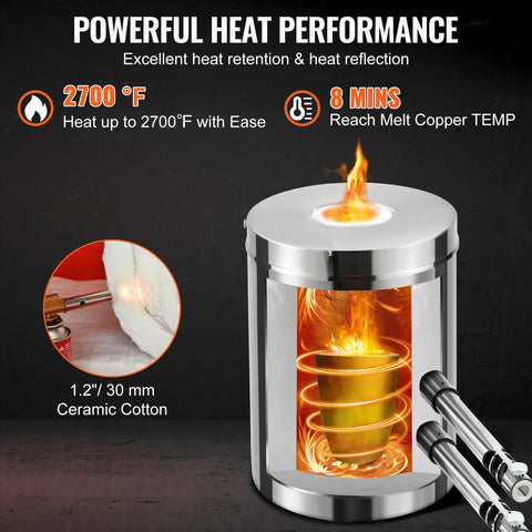 VEVOR 12kg propane melting furnace kit in stainless steel; home foundry with crucible and tongs, front view