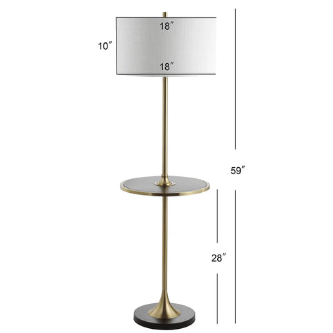 59 Inch Black And Brass Gold Floor Lamp With Integrated Wood Side Table, White Linen Shade, LED Bulb, Measurements Shown