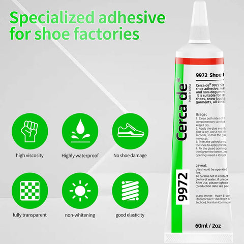 Heavy Duty Shoe Glue For All Shoes tube showing product features like waterproof and non-whitening, 2 oz pro formula.