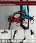 Oil Rubbed Bronze Exposed Shower System With Brass Dual Knobs showing three water modes, 8 Inch Rainfall head, handheld, and tub spout
