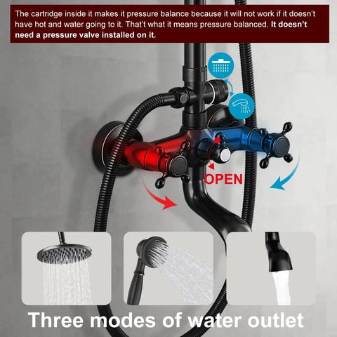 Oil Rubbed Bronze Exposed Shower System With Brass Dual Knobs showing three water modes, 8 Inch Rainfall head, handheld, and tub spout