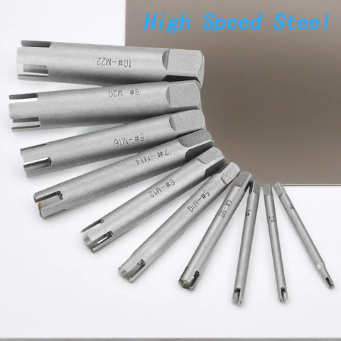 10 Piece Screw Tap Extractor Set For Stripped Screws And Bolts With 3 And 4 Flute High Speed Steel Remover Kit displayed