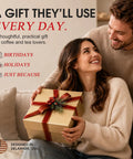 A happy couple sharing a gift, representing thoughtful presents for coffee lovers, Smart AI Temp Control Heated Coffee Mug.