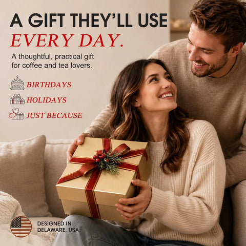 A happy couple sharing a gift, representing thoughtful presents for coffee lovers, Smart AI Temp Control Heated Coffee Mug.