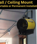 Heavy Hitter Electric Forced Air Shop Heater Blasts 5000 Watts Of Tough Warmth Straight Into Your Garage Or Jobsite Featuring Turbo Fan Dryer Setting Auto Thermostat And Overheat Shutoff Safety Tech mounted on wall for efficient heating.