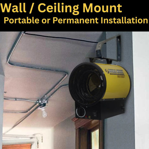 Heavy Hitter Electric Forced Air Shop Heater Blasts 5000 Watts Of Tough Warmth Straight Into Your Garage Or Jobsite Featuring Turbo Fan Dryer Setting Auto Thermostat And Overheat Shutoff Safety Tech mounted on wall for efficient heating.