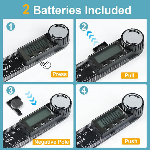 Steps to insert batteries in Digital Angle Ruler Protractor With 7 Inch And 200mm Scale, handy for woodworking, ABS build