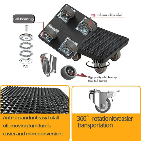 Diagram of Heavy Duty Furniture Sliders With Four Wheels And 360 Degree Rotating Mover Set For Moving Sofa Bed Table And Other Big Furniture Maximum Load 1100 Lbs Non Slip Easy Glide Dolly highlighting features.