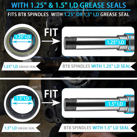 Two Heavy Duty Bearing Kits For 2000-2200 Lb Boat Trailer Axle With 1 Inch BT8 Wheel Hub Spindle D Shape Groove Compatibility Includes 1.25 Inch ID And 1.5 Inch ID Grease Seals Tang Washer And Cotter Pin showing fitment options for grease seals on spindles