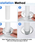 Installation steps for Solid Stainless Steel Split Flange Pipe Collar With Hassle Free Peel Stick Grip Heavy Duty Clip On Escutcheon Trim Ring.