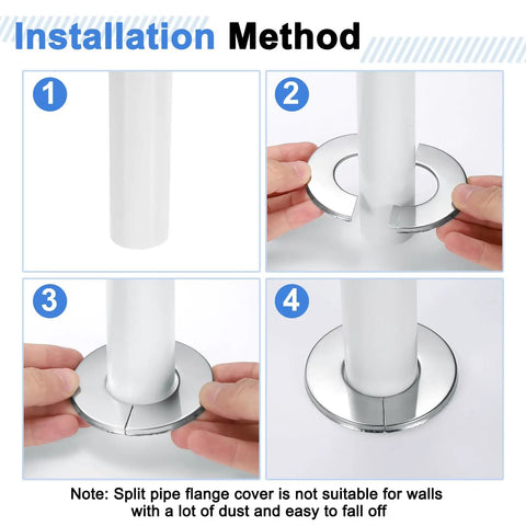 Installation steps for Solid Stainless Steel Split Flange Pipe Collar With Hassle Free Peel Stick Grip Heavy Duty Clip On Escutcheon Trim Ring.