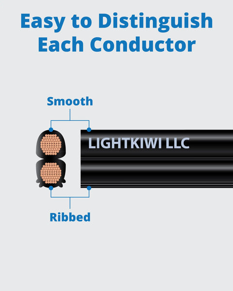 Diagram showing easy-to-distinguish smooth and ribbed conductors of Low Voltage Landscape Lighting Wire 16 Gauge 2 Wire 250 Feet