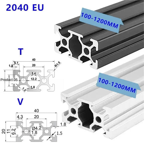 Two Pack Of Legit Tough 20X40mm Black Aluminum T Slot Extrusion Profile Rails For Custom Cnc Routers And 3D Printer Frames Heavy Duty Industrial Framing Components Easy Workshop Build Essentials Built Different, showing T and V profile dimensions.