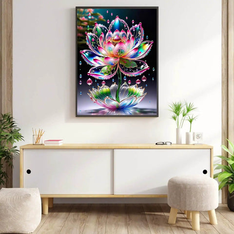 Diamond Painting Kit For Adults Beginners 5D Full Drill Flower Art Set 12x16 Inch DIY Gem Craft framed lotus artwork on wall.
