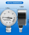 Front and side views of 85772 stainless steel pressure cooker gauge with mounting nut; replacement for Presto canners.