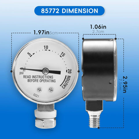 Front and side views of 85772 stainless steel pressure cooker gauge with mounting nut; replacement for Presto canners.