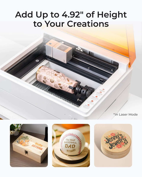 xTool M1 Ultra desktop laser engraver, white base with orange lid, engraving a tumbler.
