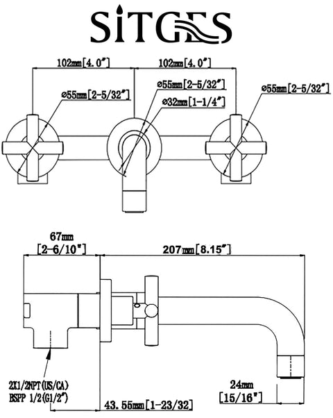 Brushed Nickel Wall Mount Bathroom Faucet With Double Handles Includes Rough In Valve Drip Free Ceramic Disc Cartridge Solid Brass Build Tarnish Resistant No Fuss Install For Modern Sinks technical drawing dimensions