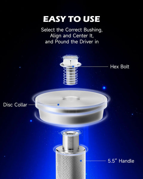 Diagram of 2 In 1 Bearing Press And Hub Seal Installer Kit for Trucks showing hex bolt, disc collar, and 5.5" handle.