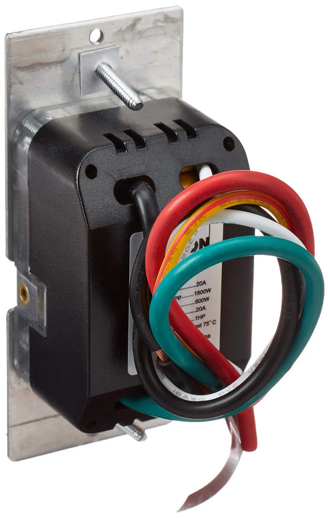 Back view of Decora 1800W Countdown Timer Switch with exposed wiring and metal mounting plate, for lights, fans, heaters, 20A resistive.