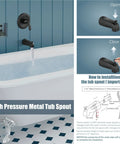 Matte Black Shower Tub Faucet Set With Pressure Balance Valve, Wall Mount Trim Kit, 6 Inch Tub Spout installation guide.