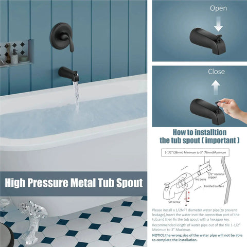 Matte Black Shower Tub Faucet Set With Pressure Balance Valve, Wall Mount Trim Kit, 6 Inch Tub Spout installation guide.
