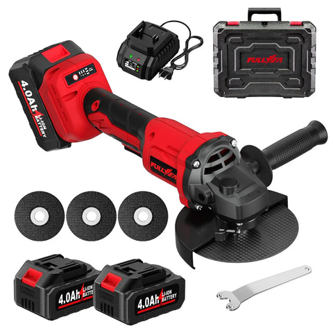 Cordless Beast Four And A Half Inch Angle Grinder With Brushless Motor, 12000 RPM, 2x 4.0Ah Batteries, 3 Cutting Wheels, Red
