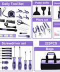 Purple Tool Set For Women 223-Piece Home Repair And DIY Kit with drop-forged steel tools and ergonomic handles, 13-inch bag