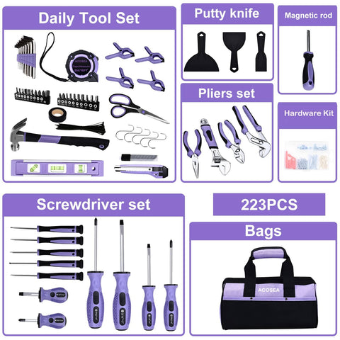 Purple Tool Set For Women 223-Piece Home Repair And DIY Kit with drop-forged steel tools and ergonomic handles, 13-inch bag