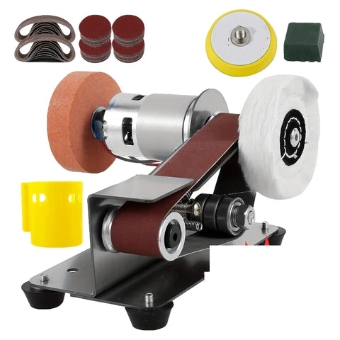 Mini Electric Belt Sander And Knife Sharpener Tool For DIY Enthusiasts Compact Desktop Grinder with polishing wheels and sanding discs.