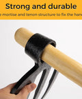 Heavy Duty Forged Eye Hoe Fork with handle and steel tines showcased for garden use, spading and digging, highlighting mortise and tenon structure.