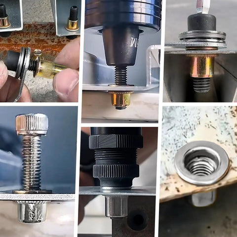Heavy Duty One Hundred Piece 10 32 Thread Rivet Nuts And Nutserts Built Tough From Rust Resistant Carbon Steel With Durable Zinc Plating For Sheet Metal Jobs And Zero Hassle Assembly, showcasing various threaded inserts during assembly.