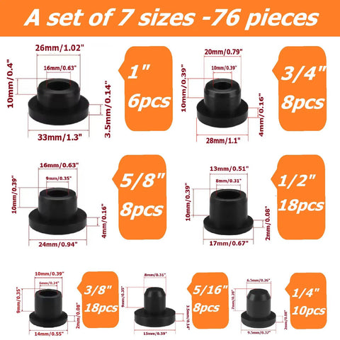 76Pcs Black T Type Silicone Hole Plug Kit With 7 Sizes From 1/4 Inch To 1 Inch Vulcanized Dustproof Sealing Plugs, size chart of 76 pieces.