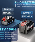 Two black Li-ion batteries for Cordless Handheld Car Dryer And Air Blower, 21V 4Ah and 21V 10Ah, showing different runtimes.