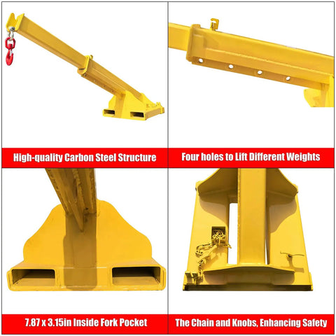 Professional Forklift Telescopic Boom Crane Attachment Hoisting 11000 Lbs Without Sweat includes carbon steel structure and adjustable fork pocket.