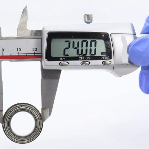Measurement of a flanged bearing using a digital caliper showing 24mm, part of Pack Of Ten F6802ZZ Flanged Bearings 15mm Inner Diameter 24mm Outer Width 5mm Double Shielded Deep Groove Ball Bearings For Industrial Machinery Projects.