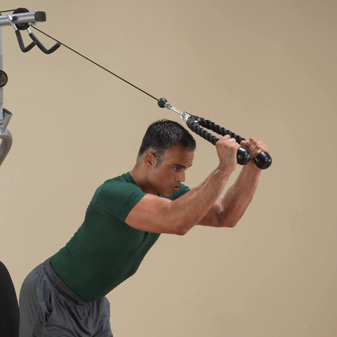 Heavy Duty Triceps Rope With High Carbon Steel Swivel for press downs, man exercising on cable machine in home gym