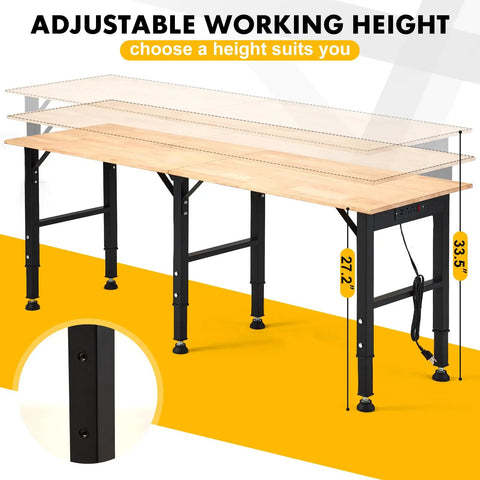 Adjustable Workbench With Power Outlet And ETL Certified USB Ports, Heavy Duty 1500 Lbs Load Capacity Hardwood Work Table with height measurements and steel legs.