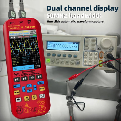 2 Channel Digital Handheld Oscilloscope With 50MHz Bandwidth And 250MSaS Real Time Sampling in use with its display screen visible