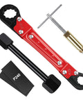Top Shelf Plumbing Repair Kit Featuring Angle Stop Wrench And Compression Sleeve Puller, red wrench and steel extractor for pipe maintenance.