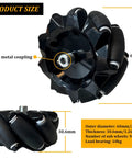 Front view: 60mm black mecanum wheel with 9 rollers and metal 4mm coupling hub for omnidirectional robot drive