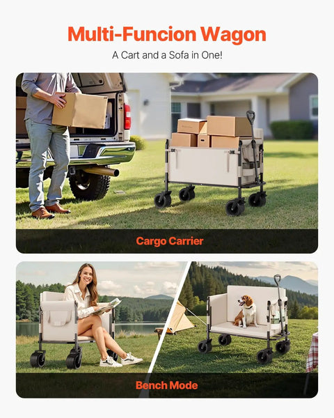 3-in-1 Collapsible Wagon With Wheels, Converts To A 75cm Wide Sofa, Heavy Duty 550lbs 220L Capacity, Ideal Beach Cart For Sand