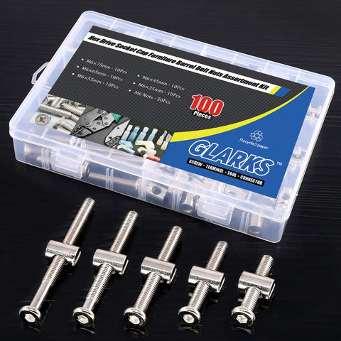 100Pcs M6 Hex Drive Socket Cap Barrel Screws And Nuts Kit For DIY Furniture Building With 5 Lengths displayed with clear box