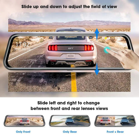 Dual 1080P Front And Rear Mirror Dash Cam With Night Vision, 10 Inch Full Touch Screen showing rear view of car on open road.