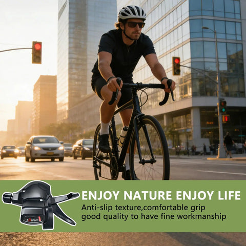 Cyclist riding a bike in the city with Dope 8 Speed Bike Shifter Lever Set For 3x8 Drivetrain image inset below.