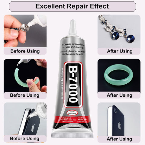 Clear Jewelry Glue For Rhinestones And Craft Projects, Ideal For Fabric, Nails, Wood, Glass, Charms, And Phone Repair, Multipurpose Adhesive, Waterproof And Flexible, 50ml Bottle For DIY Jewelry Making, shown repairing phone, jewelry, and bracelet.