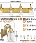 4 Light Vanity Light In Painted Gold Finish With Clear Glass Shades, Farmhouse Style Wall Lamp Fixture For Indoor Use with dimensions