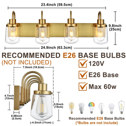4 Light Vanity Light In Painted Gold Finish With Clear Glass Shades, Farmhouse Style Wall Lamp Fixture For Indoor Use with dimensions