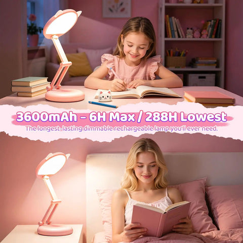 Pink Foldable Desk Lamp For Dorm Rooms And College Girls Rechargeable And Dimmable Portable Cat Lamp illuminating study areas